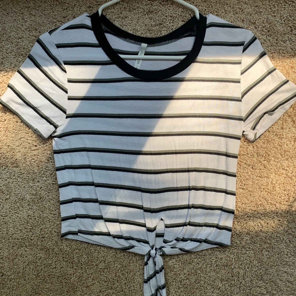 Tie frontT-Shirt White with Black and GreenStripes